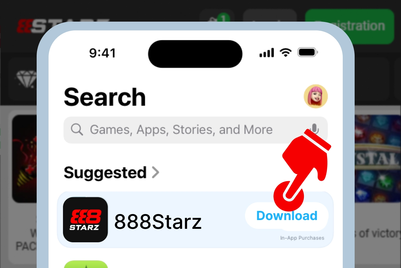 iPhone App Store 888Starz app page with 'Download' button highlighted