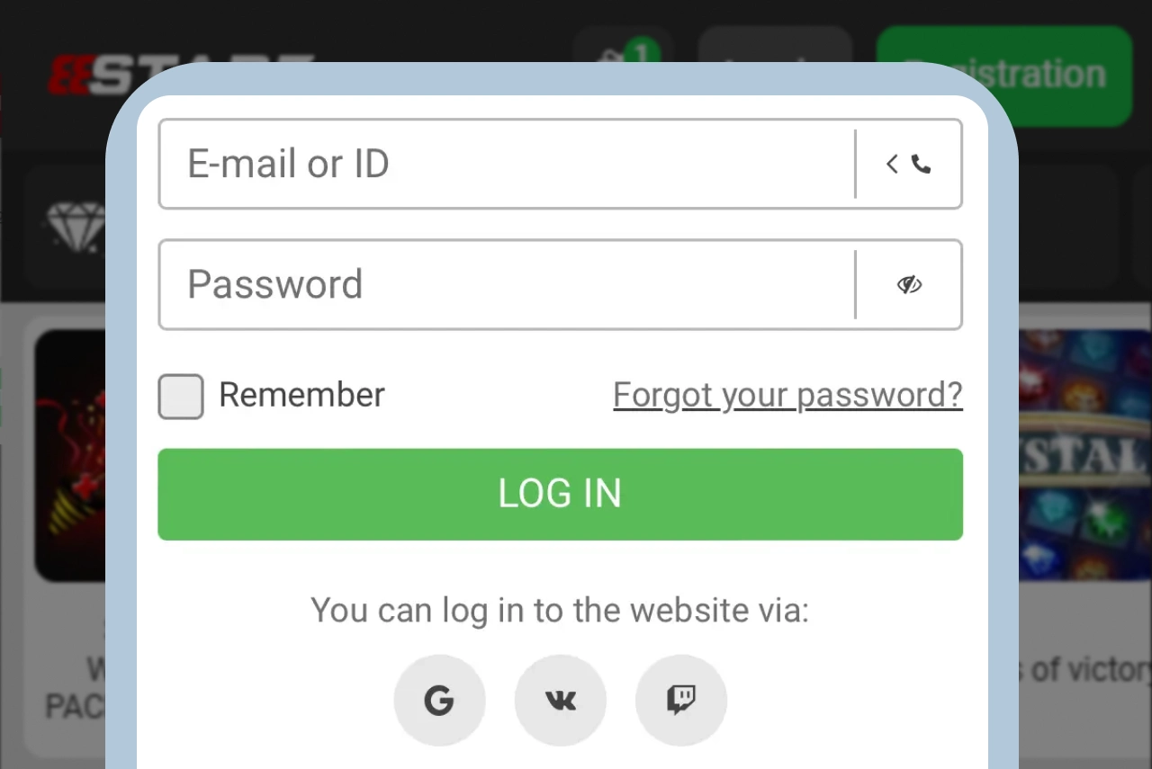 Mobile browser showing official 888Starz website login page