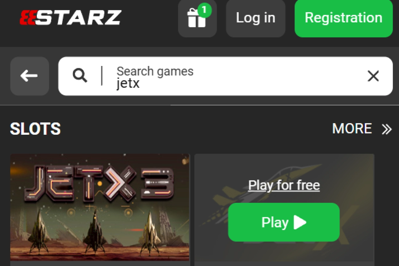 888Starz website casino section on mobile with JetX game highlighted