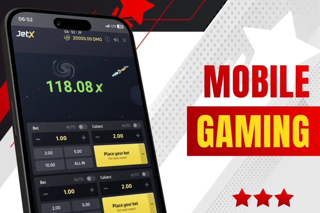 888Starz mobile gaming banner featuring a smartphone with the JetX game interface on a white background with red and black abstract elements