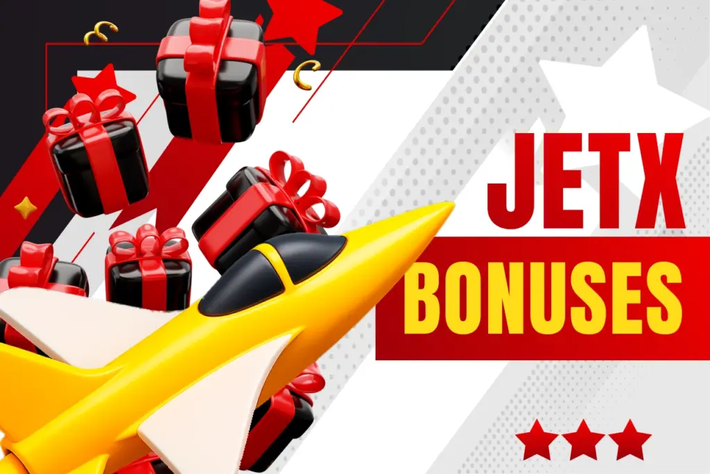 888Starz JetX bonuses banner with gift boxes and a yellow jet illustration on a white background with red and black abstract elements