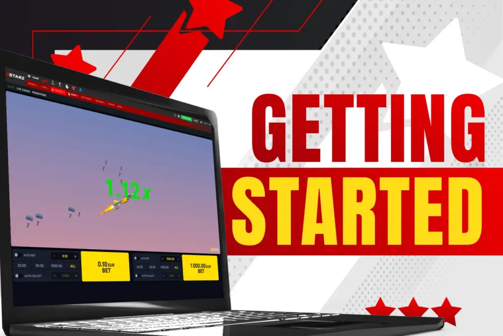 888Starz getting started banner showing a laptop with the Aviator game open on a white background with red and black abstract elements