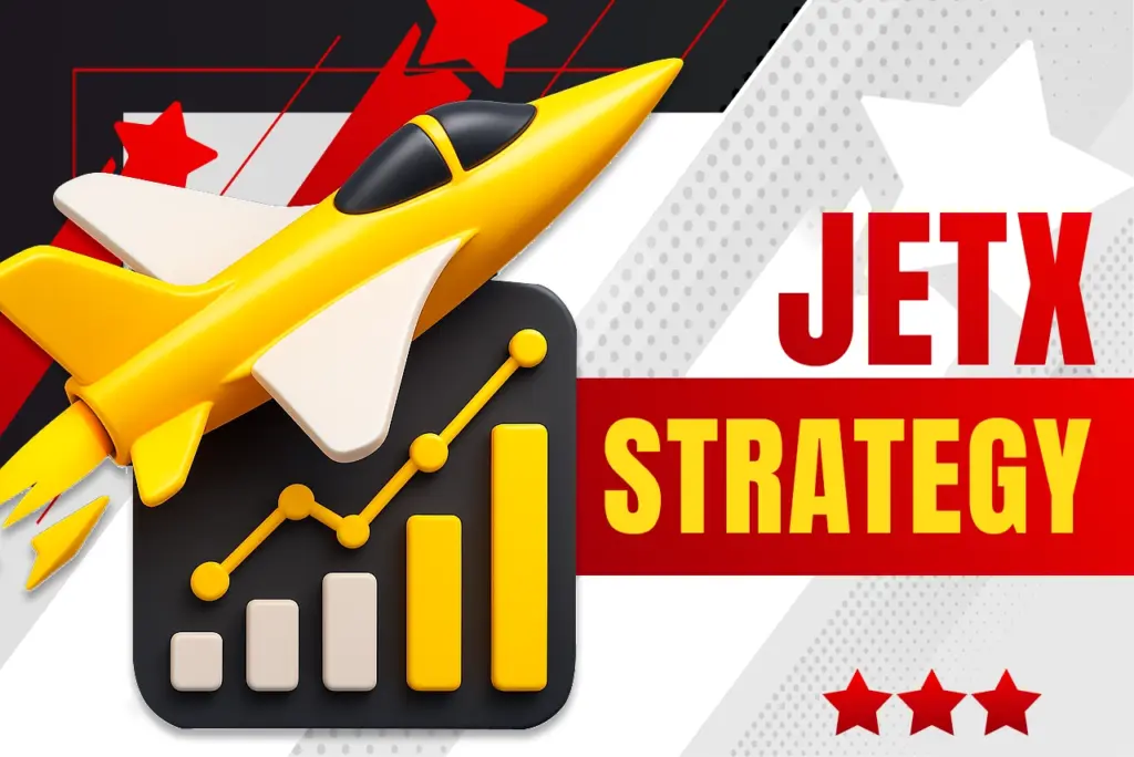 888Starz JetX strategy banner featuring a yellow jet and rising chart icon on a white background with red and black abstract elements